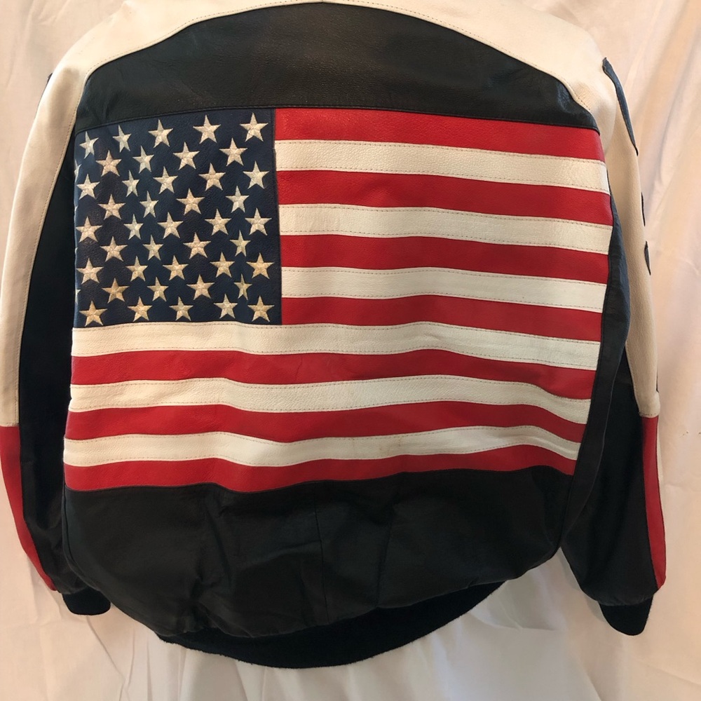 Vintage Michael Hoban Black Leather USA Jacket with Red, White & Blue Flag Back